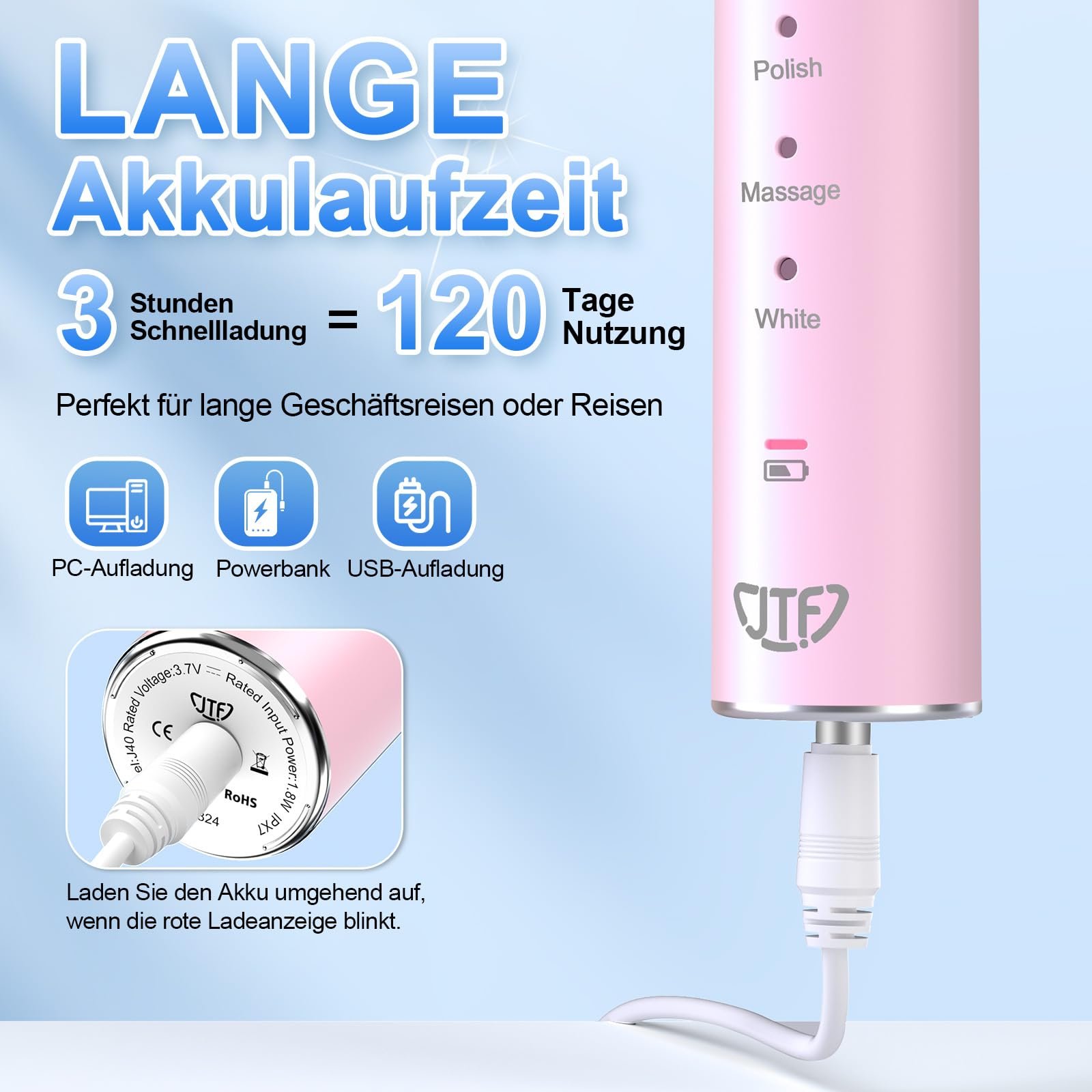 Електрична звукова зубна щітка JTF 5 режимів Рожева, фото №3