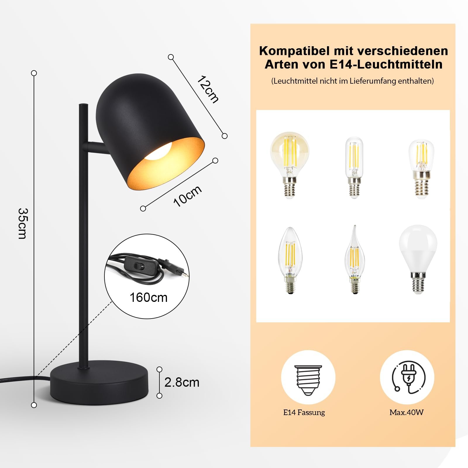 Настільна лампа Vintage Retro Industrial E14 Чорний/Золотий метал, фото №5