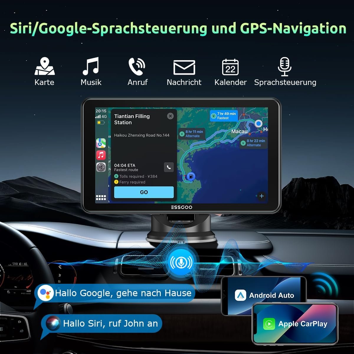 Автомагнітола ESSGOO 743CP / 7" / Сенсорная / Apple CarPlay / Android Auto / GPS / Bluetooth / AUX / USB, фото №4