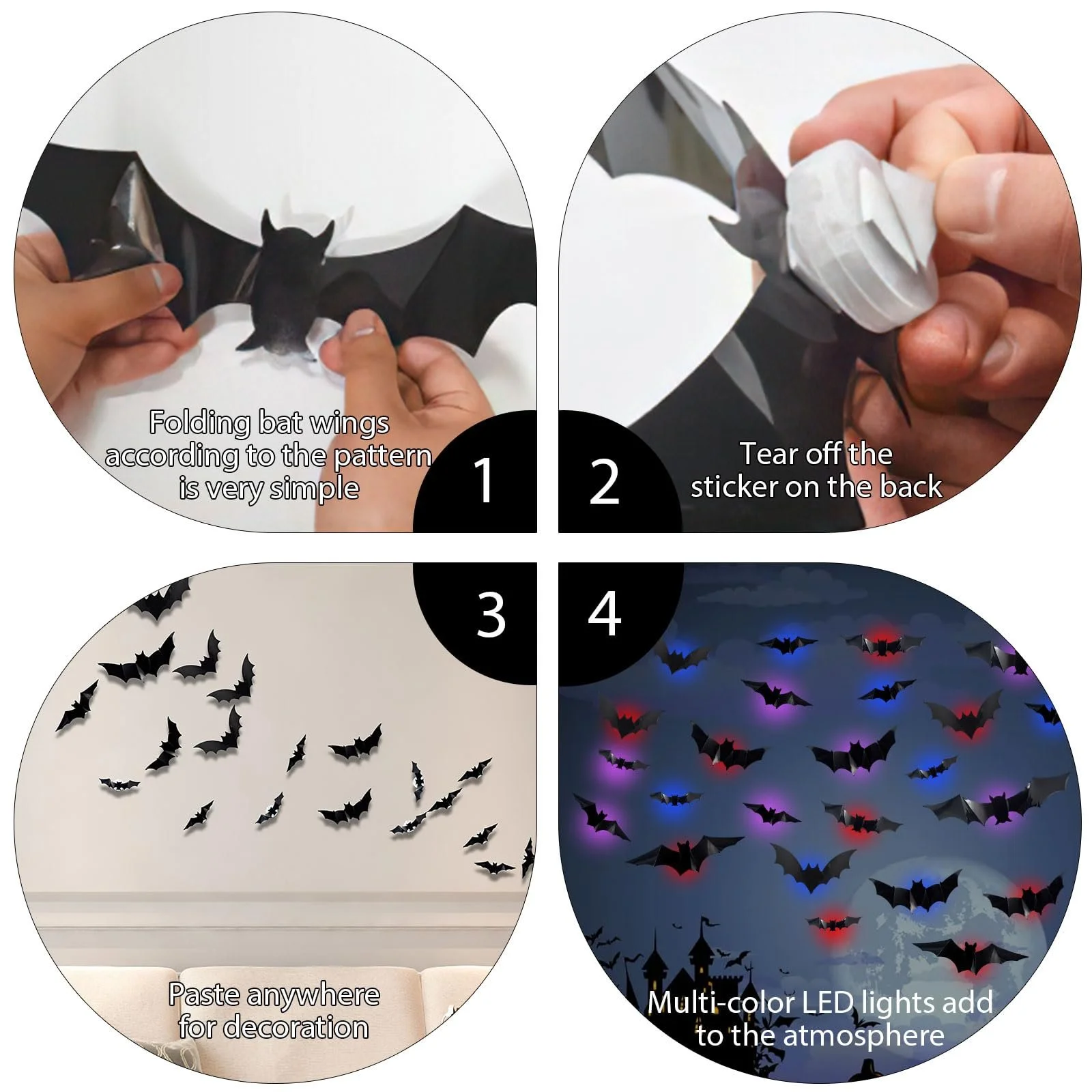 Наклейки на стіну Halloween Bats 3D DIY LED 24 шт. PVC Кажани, фото №4