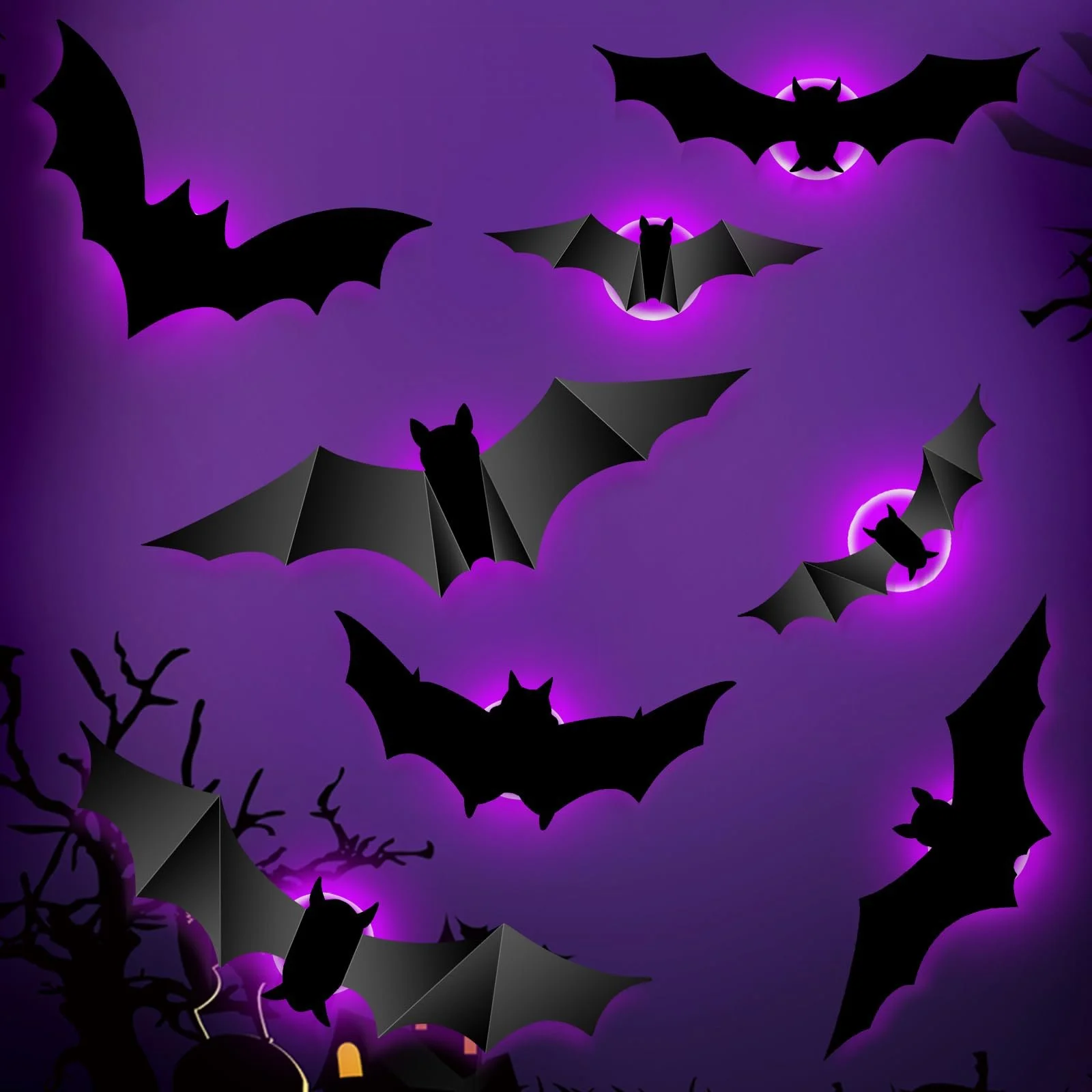 3D декоративні наклейки GoldRock Кажани з LED-підсвічуванням 24 шт. Фіолетовий, фото №1