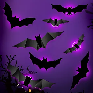 3D декоративні наклейки GoldRock Кажани з LED-підсвічуванням 24 шт. Фіолетовий - Фото 1