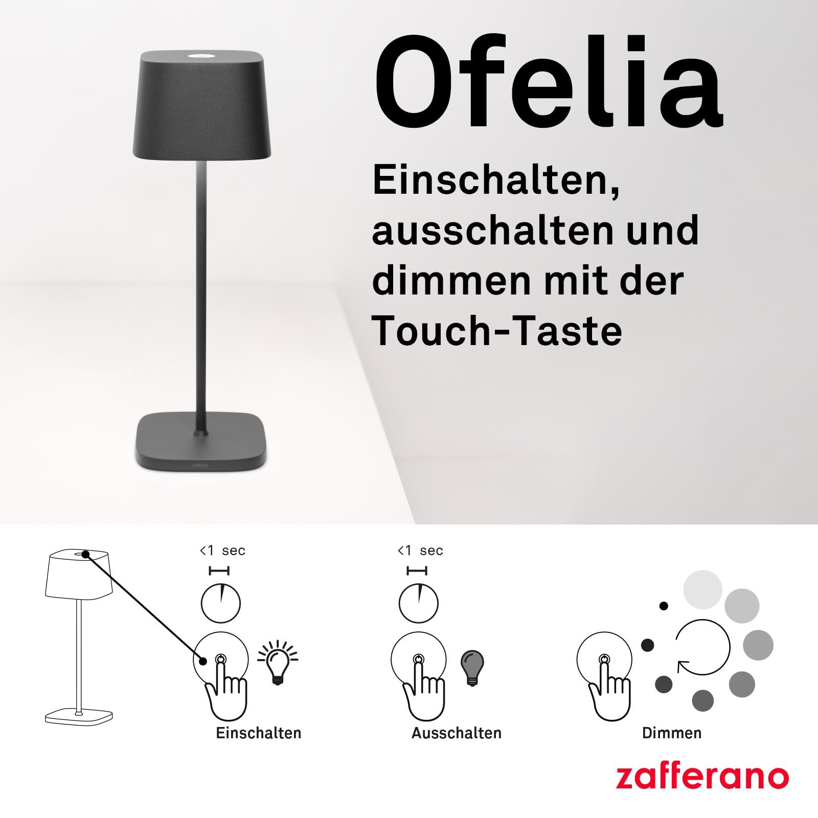 Настільна лампа Zafferano Ofelia Бездротова Touch Control Dimmer 29 см Темно-сірий, фото №6