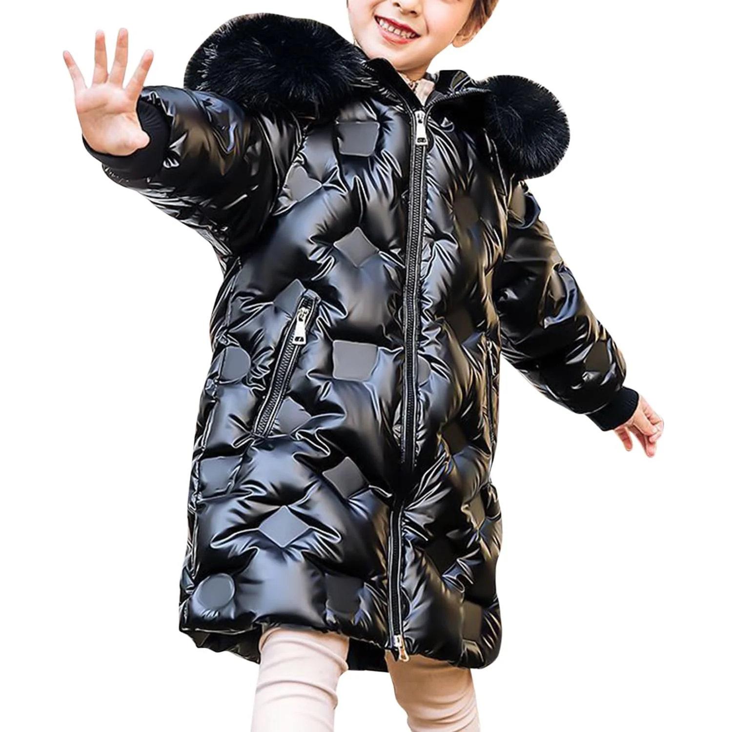 Куртка с капюшоном детская semen для девочек, теплая, из искусственного меха, стеганая, однотонная, толстая, блестящая, зимняя, фото №1