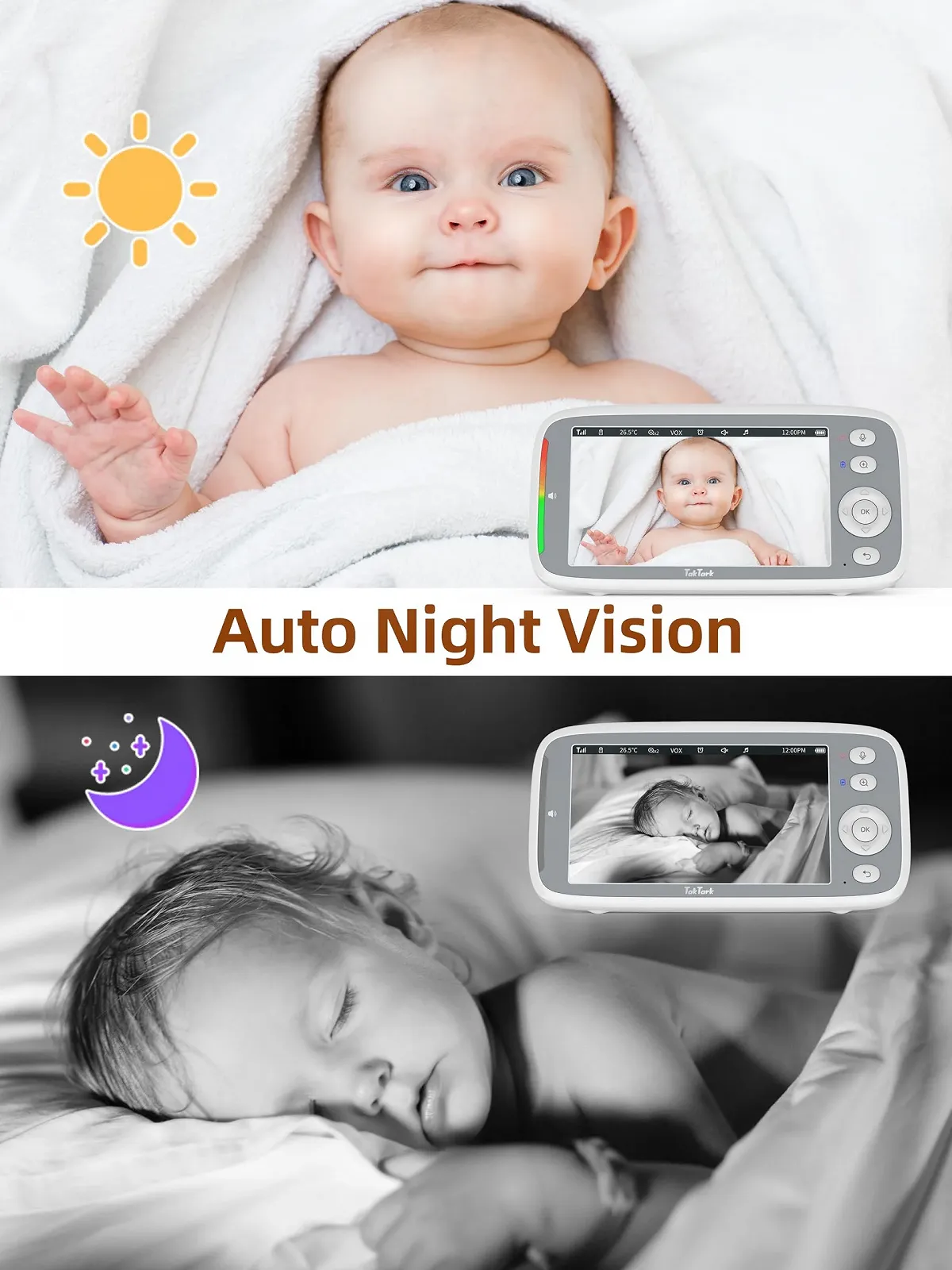 Відеоняня TakTark 5" 720P IPS Pan-Tilt 300° VOX Night Vision, фото №4 Відеоняня TakTark 5" 720P IPS Pan-Tilt 300° VOX Night Vision, фото №4