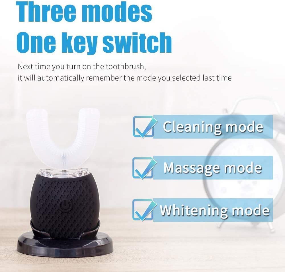 Автоматична ультразвукова зубна щітка 360° для дорослих з таймером та бездротовою зарядкою Чорна M, фото №2