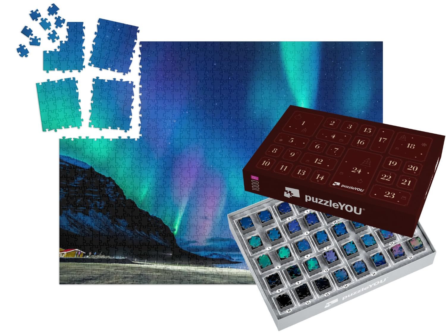 Адвент-календарь пазл puzzleYOU Northern Lights Puzzle Collection Colourful Northern Lights in Iceland 1000 элементов, фото №1