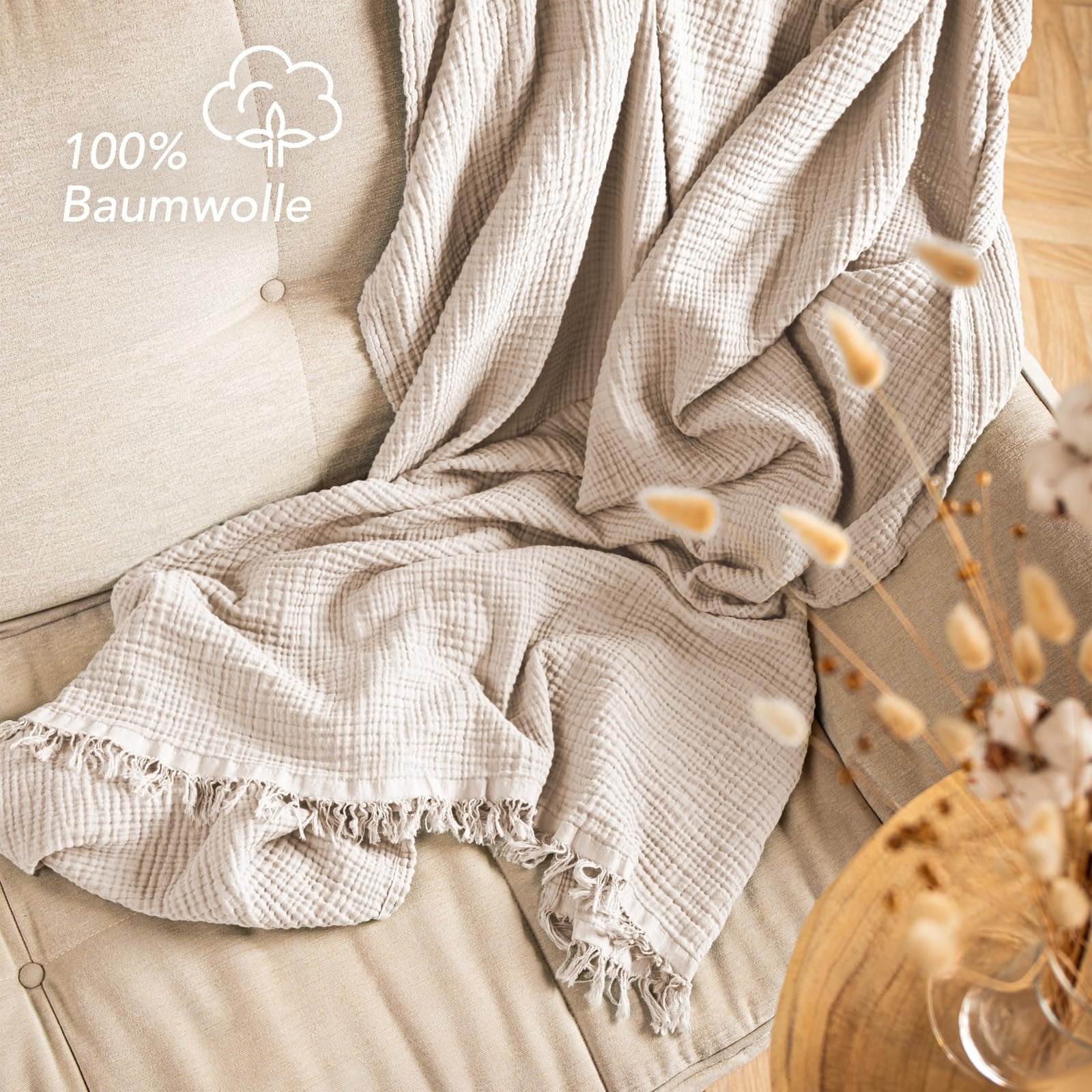 Плед Muslin Pure Label 220 x 240 см, сертифицировано Oeko-Tex, 100% хлопок, муслиновое Плед для дома и уюта для дивана и кушетки в XXL, цвет: бежевый, фото №2 Плед Muslin Pure Label 220 x 240 см, сертифицировано Oeko-Tex, 100% хлопок, муслиновое Плед для дома и уюта для дивана и кушетки в XXL, цвет: бежевый, фото №2