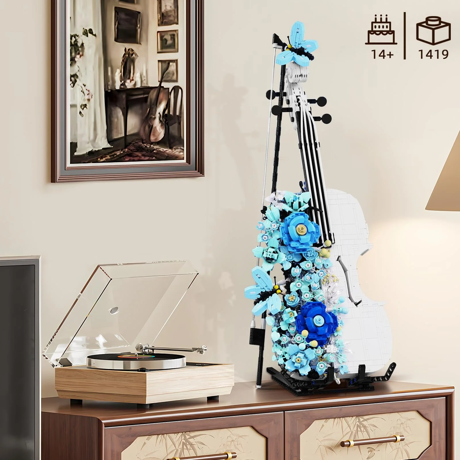Конструктор Скрипка з Квітами QLT Модель Скрипки Синій та Білий 1419 деталей, фото №6