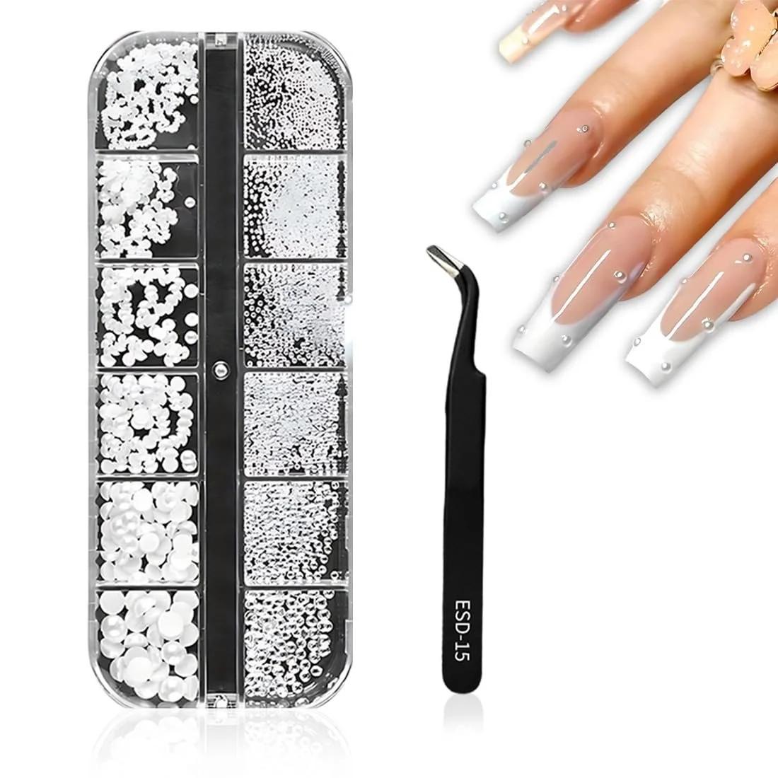 Стразы для ногтей 1 коробка/12 ячеек, белые бусины для женщин, акриловые украшения для ногтей, дизайн для ногтей, полукруглые жемчужные шарики, шармы для ногтей, маленькие бусины из нержавеющей стали, икорные бусины, белая плоская задняя часть, фото №1