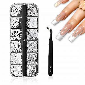 Стрази для нігтів 1 Box/12 Grid, білі намистини для нігтів, напівкруглі - Фото 1