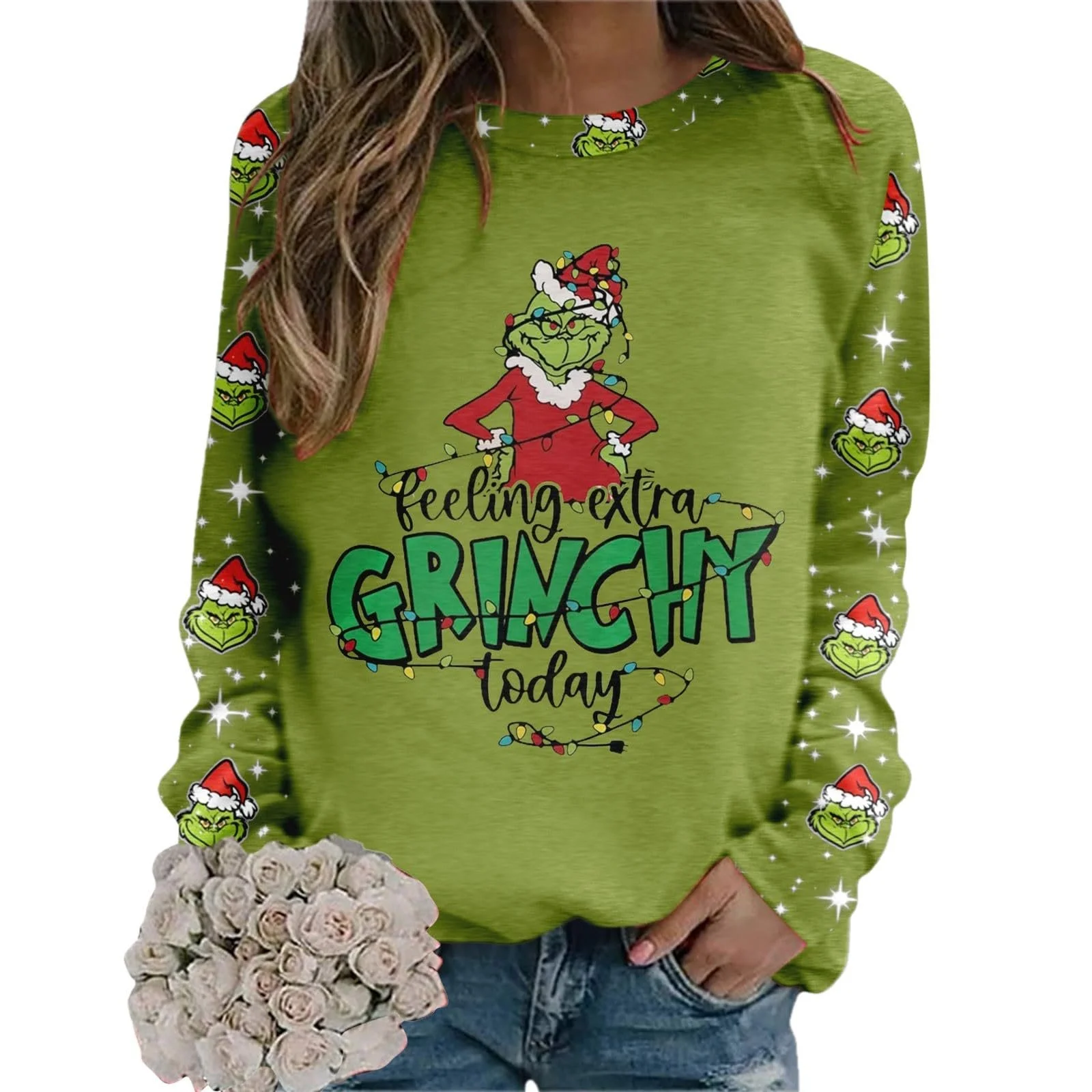 Рождественский джемпер BHXUTK Женская кофта Рождественская уродливая рождественская футболка для женщин Круглый вырез Длинный рукав Футболки Повседневная смешная снежинка с принтом Свободные свитшоты, фото №3