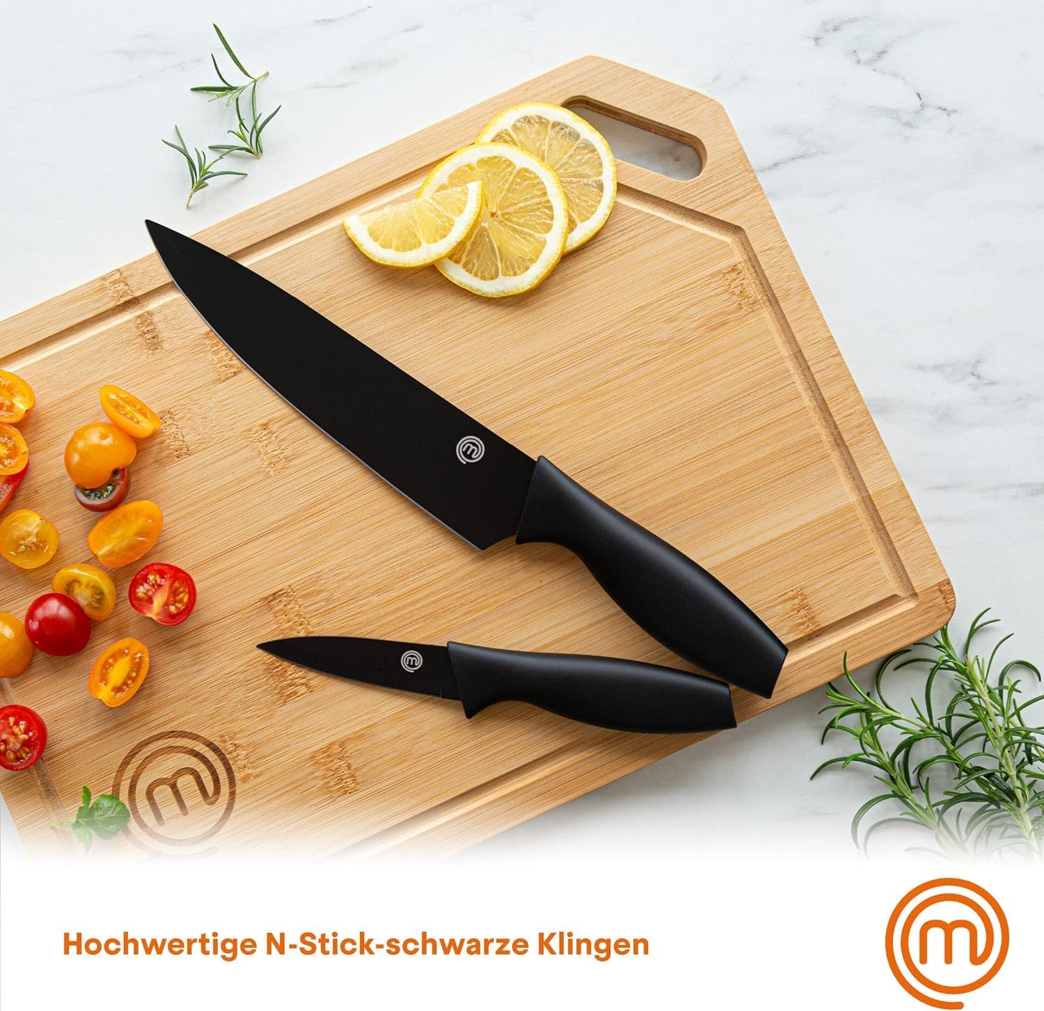 Набір кухонних ножів MasterChef з 5 предметів (ніж шеф-кухаря, ніж для овочів, ніж для очищення овочів, обробний ніж та ніж для хліба), гострі, з нержавіючої сталі, з антипригарним покриттям, ручки Soft Touch, чорний, фото №4