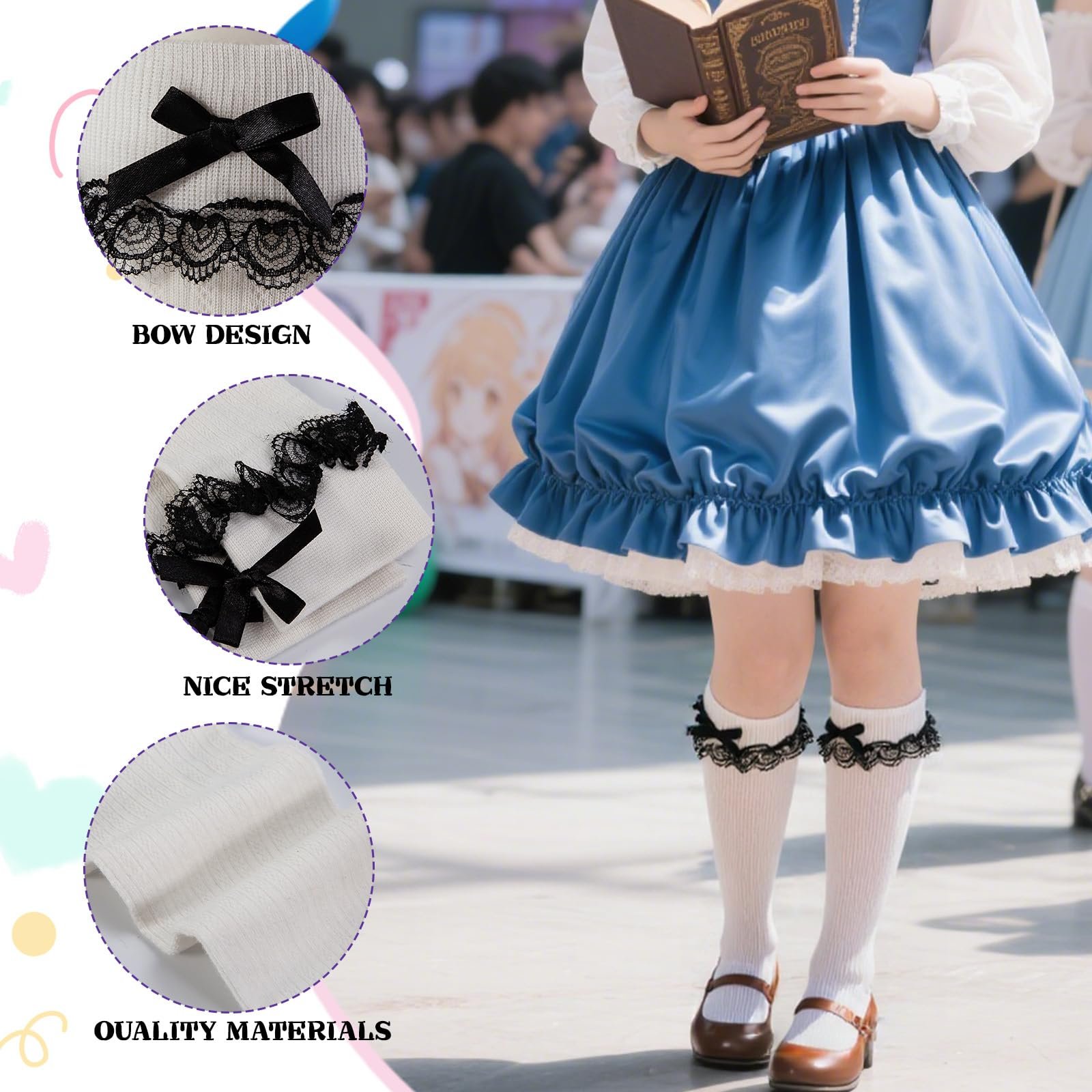 Женские носки Oktoberfest с оборками и вязаным крючком - традиционные носки до колен для дирндля - белые носки из хлопковой смеси с бантом, фото №2