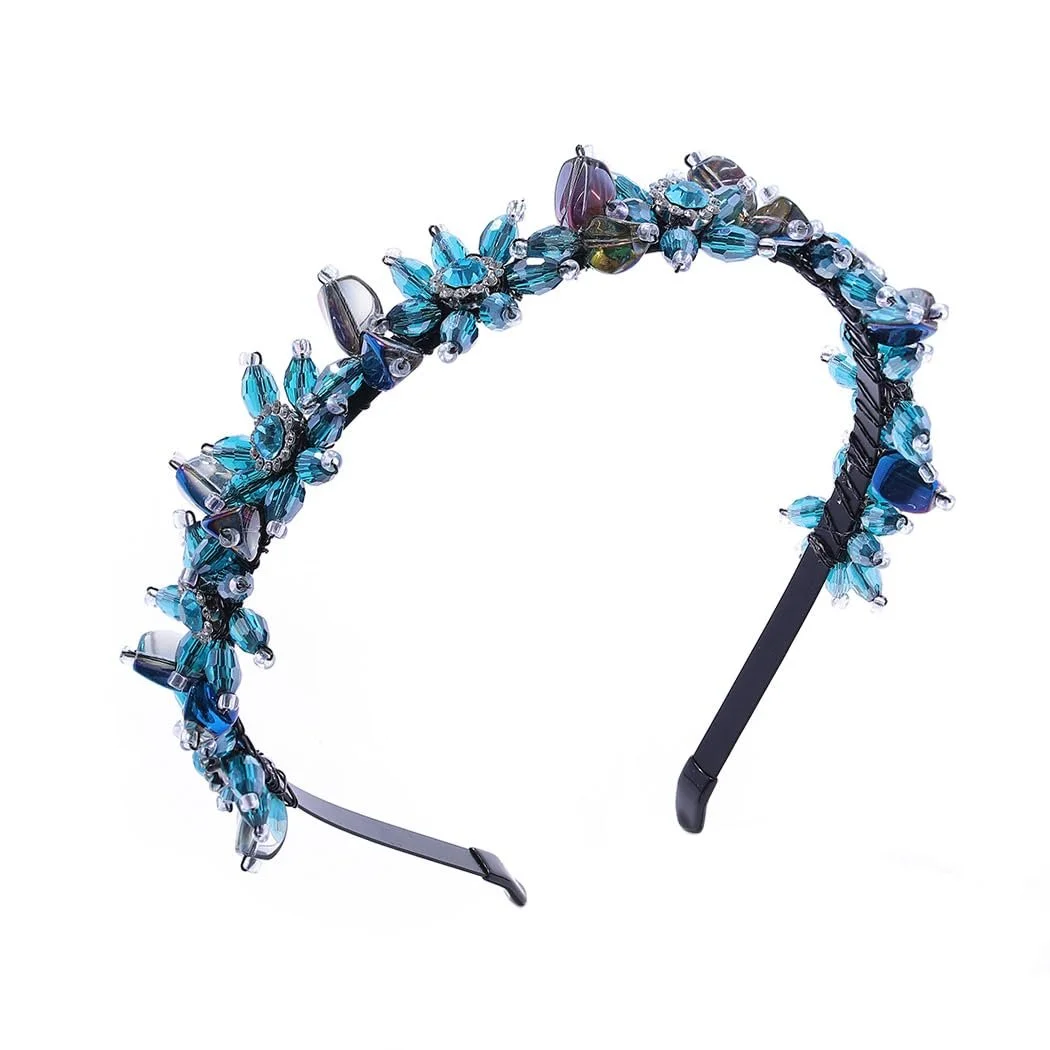 Обруч для волосся IYOU з блискучими стразами, зелений кришталевий, з квіткою, фото №1