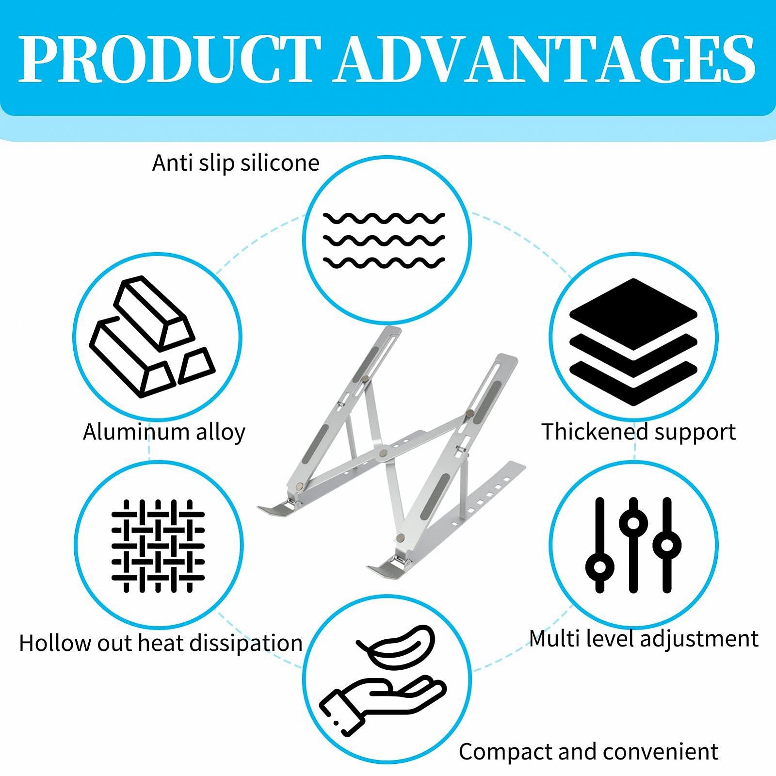 Подставка для ноутбука алюминиевая, регулируемая по высоте на 5 уровнях, складная, эргономичная и вентилируемая, совместима с MacBook, Asus, Acer, Lenovo, HP, Dell до 17,3 дюймов, фото №4