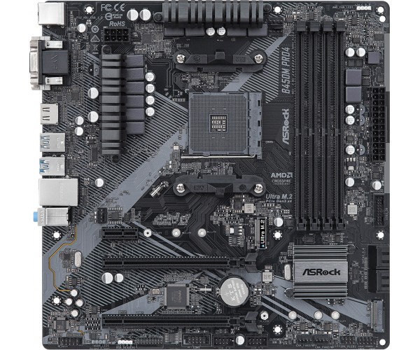 ASRock B450M Pro4 R2.0 (AM4/B450, 4*DDR4, 2xPCIex16 DVI-D/HDMI/VGA 4xSATAІІІ M.2, GLan 8ch mATX, фото №1