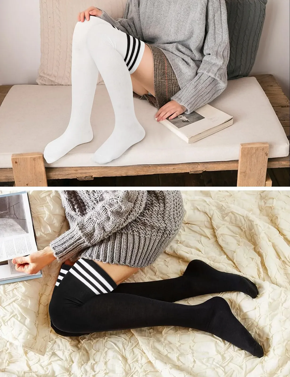 2 пары женских гольфов выше колена Классические и стильные гольфы чулки Мягкие высокие гольфы выше колена Длинные полосатые носки для женщин для повседневной жизни, спорта, косплея, фото №4