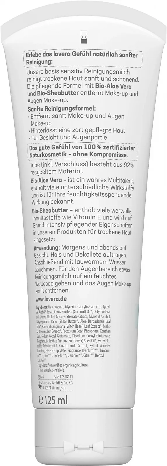 Молочко для зняття макіяжу Lavera Basis Sensitive Органічне Алое Вера та Масло Ши для Сухої та Чутливої Шкіри, Веганське, 2 x 125 мл, фото №2