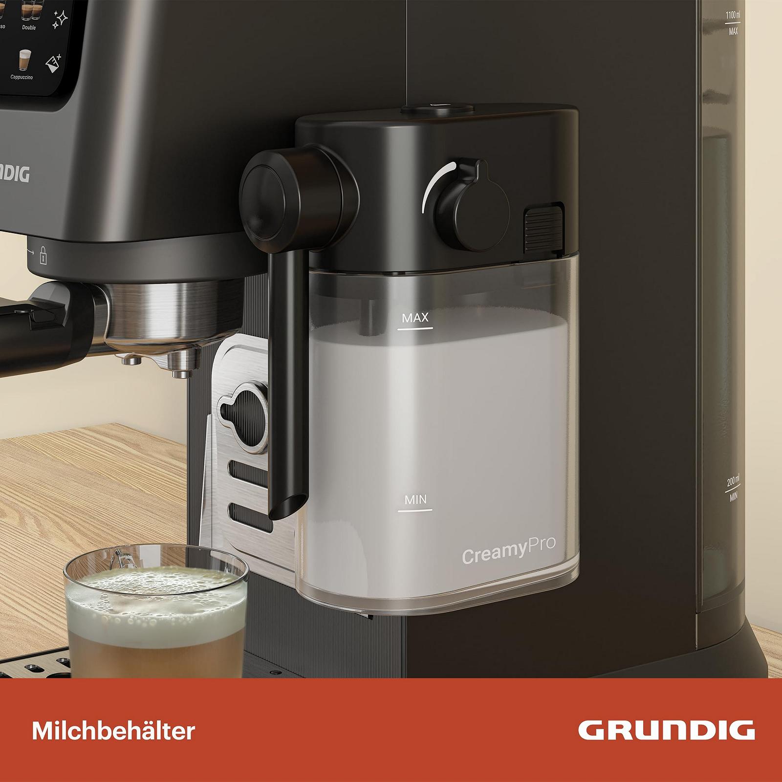 Еспресо-машина GRUNDIG KSM 5330, 1628 Вт, тиск помпи 15 бар, подвійний дозатор, кольоровий сенсорний дисплей, BrewSense, CreamyPro, Dark Inox/Black, фото №2