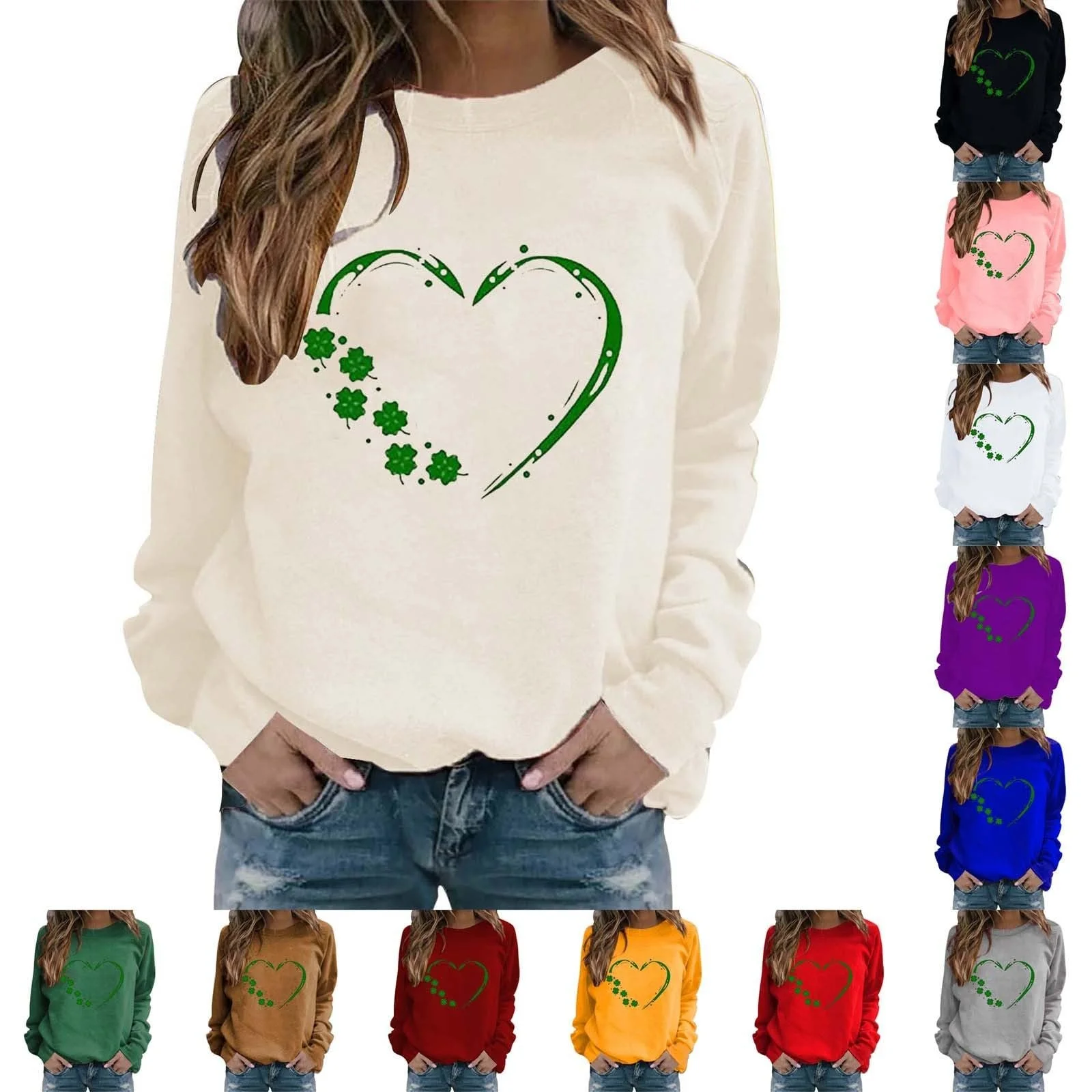 Женский Свитшот Хлопок Мода Длинный День Святого Патрика Принт Сердца 2025 Loungewear Круглый вырез Длинный рукав, фото №1 Женский Свитшот Хлопок Мода Длинный День Святого Патрика Принт Сердца 2025 Loungewear Круглый вырез Длинный рукав, фото №1