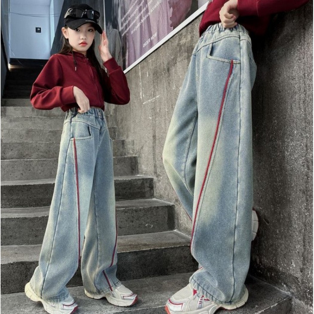 Джинси oversize для дівчинки з червоною смужкою 1201-70 см широкі джинси street style, фото №1