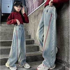 Джинси oversize для дівчинки з червоною смужкою 1201-70 см широкі джинси street style - Фото 1