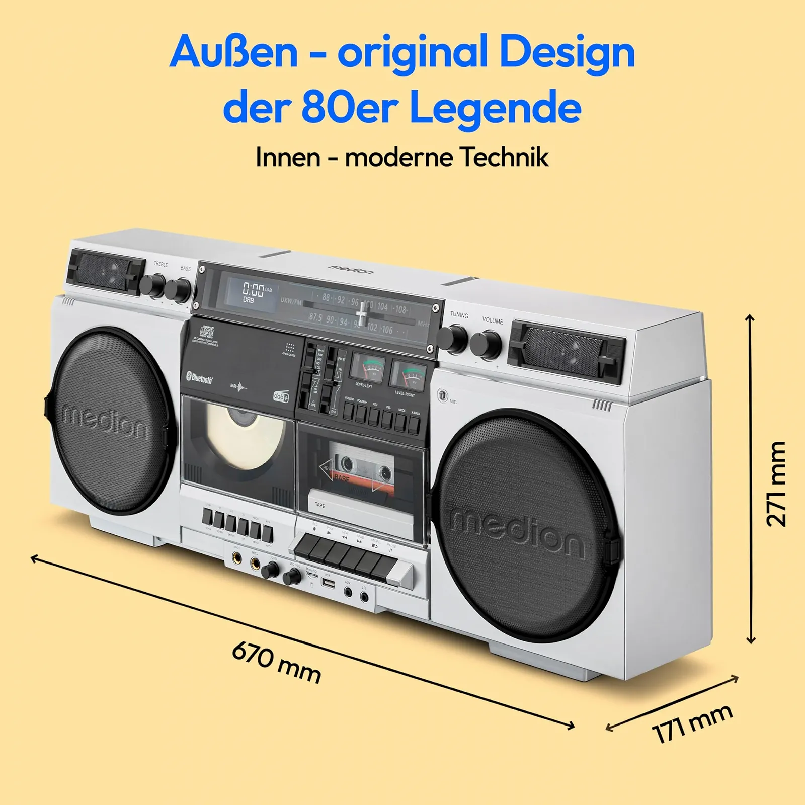 Ретро магнитола MEDION P66538 с CD-плеером, USB, SD, CD, кассеты MC, DAB+ радио, телескопическая антенна, Bluetooth, кассетная дека, функция записи, питание от батарей, фото №7