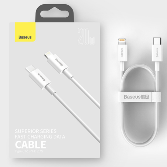 Кабель Baseus для быстрой зарядки Yowin Type-C на iP PD Lightning 20W USB 1м белый, фото №1