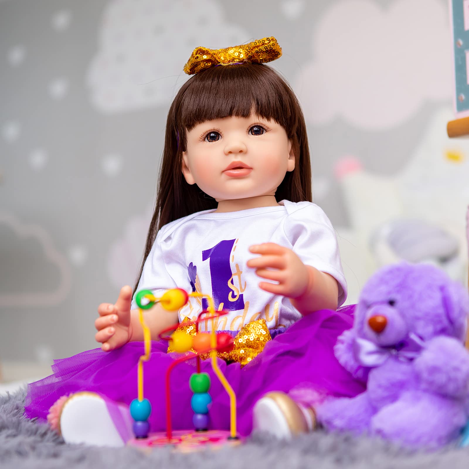 Кукла MineeQu 22 Inch Handmade Long Brown Hair Reborn Baby Doll Silicone Vinyl Anatomically Correct Girl Gift Set, фото №6