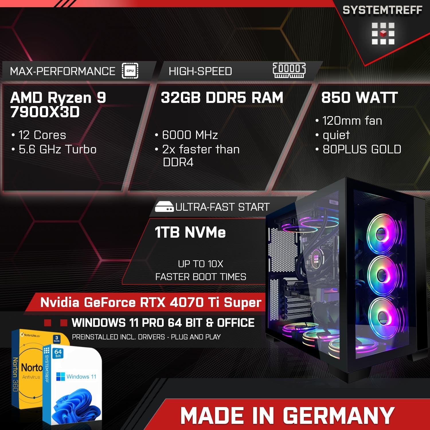 Комп'ютер SYSTEMTREFF Gaming PC AMD Ryzen 9 7900X3D 12x5.6GHz Nvidia GeForce RTX 4070 Ti Super 16GB DX12 1TB M.2 NVMe 32GB DDR5 RAM WLAN, фото №2 Комп'ютер SYSTEMTREFF Gaming PC AMD Ryzen 9 7900X3D 12x5.6GHz Nvidia GeForce RTX 4070 Ti Super 16GB DX12 1TB M.2 NVMe 32GB DDR5 RAM WLAN, фото №2