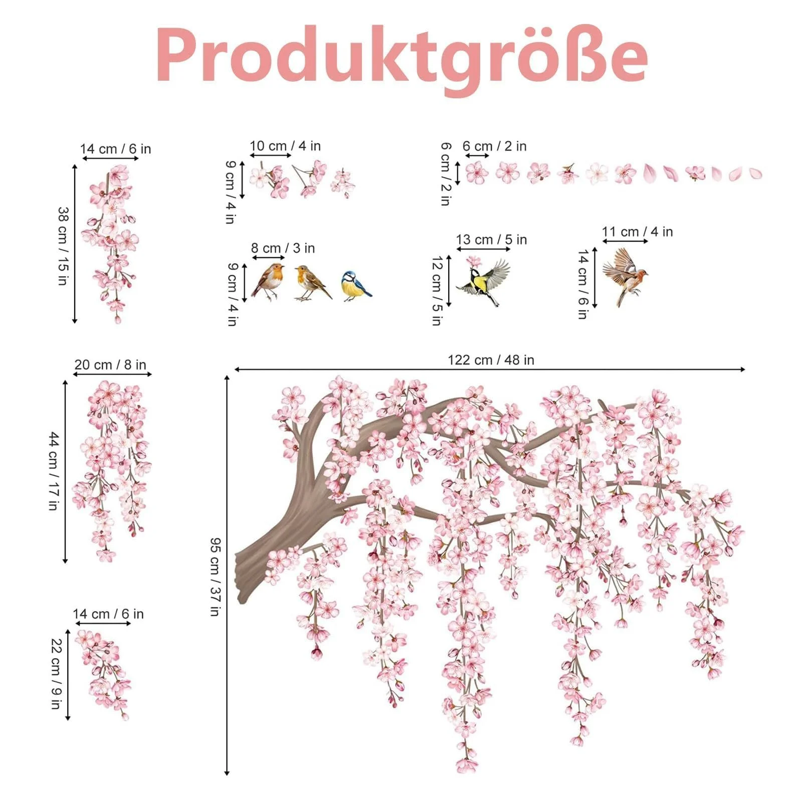 Наклейка на стіну Гілка квітучої сакури з птахами для дитячої спальні вітальні 30х90 см, фото №2