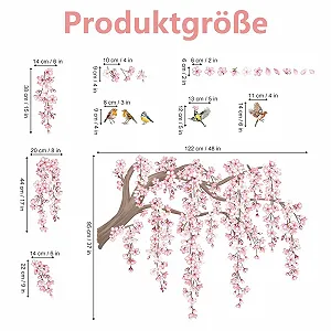 Наклейка на стіну Гілка квітучої сакури з птахами для дитячої спальні вітальні 30х90 см synthetic.ua - Фото 1