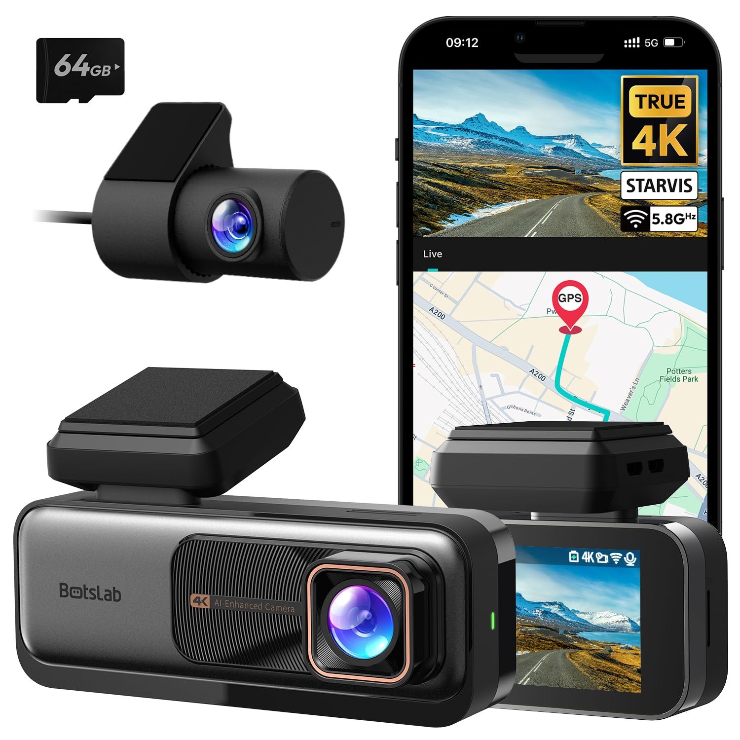 Відеореєстратор BOTSLAB 4K GPS WiFi, Подвійна камера, 64GB SD-карта, ADAS, Нічне бачення, 170 градусів, Широкий кут огляду, WDR, 2.45" IPS, 24/7 моніторинг паркування, Циклічний запис, фото №1