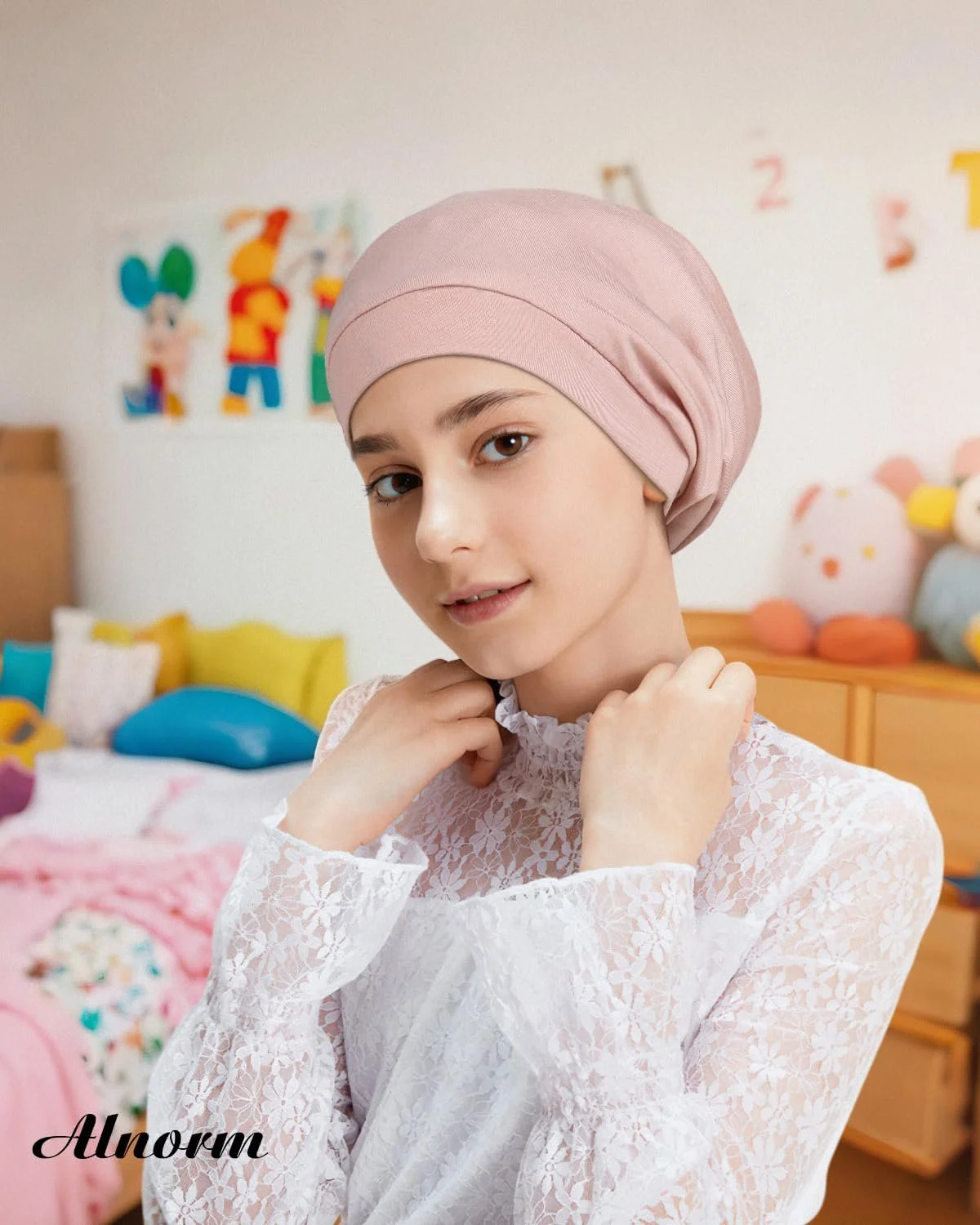 Шапка для сна Alnorm Curly Girls с сатиновой подкладкой и регулируемой комфортной эластичной лентой для девочек-подростков, фото №3