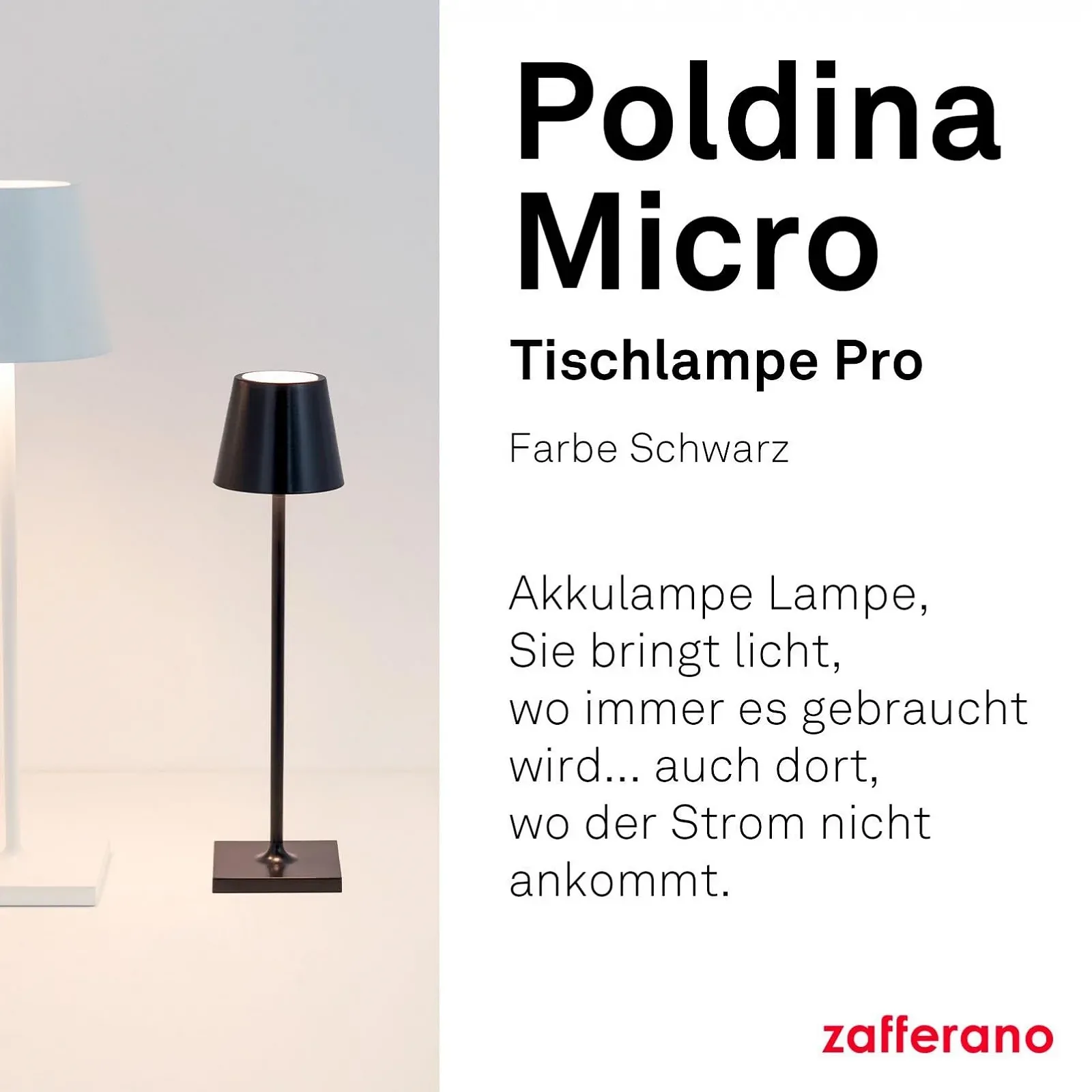 Настільна лампа Zafferano Poldina Micro бездротова акумуляторна сенсорна 2200-3000 K висота 27,5 см ⌀ 7 см Чорна, фото №2