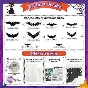 Наклейки на стіну Halloween 3D Декорація Кажани з LED Набір 24 шт. synthetic.ua - Фото 1