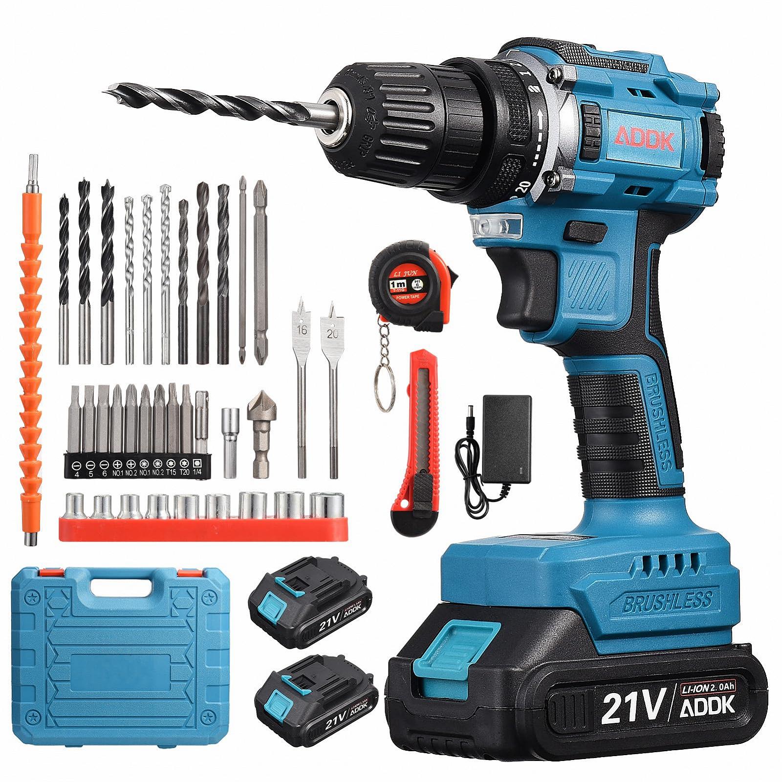 Шуруповерт бездротовий 21V з 2 акумуляторами та 37 аксесуарами з регулюванням крутного моменту 25+1, 2 змінні швидкості (двигун безщітковий 2000mA), фото №1