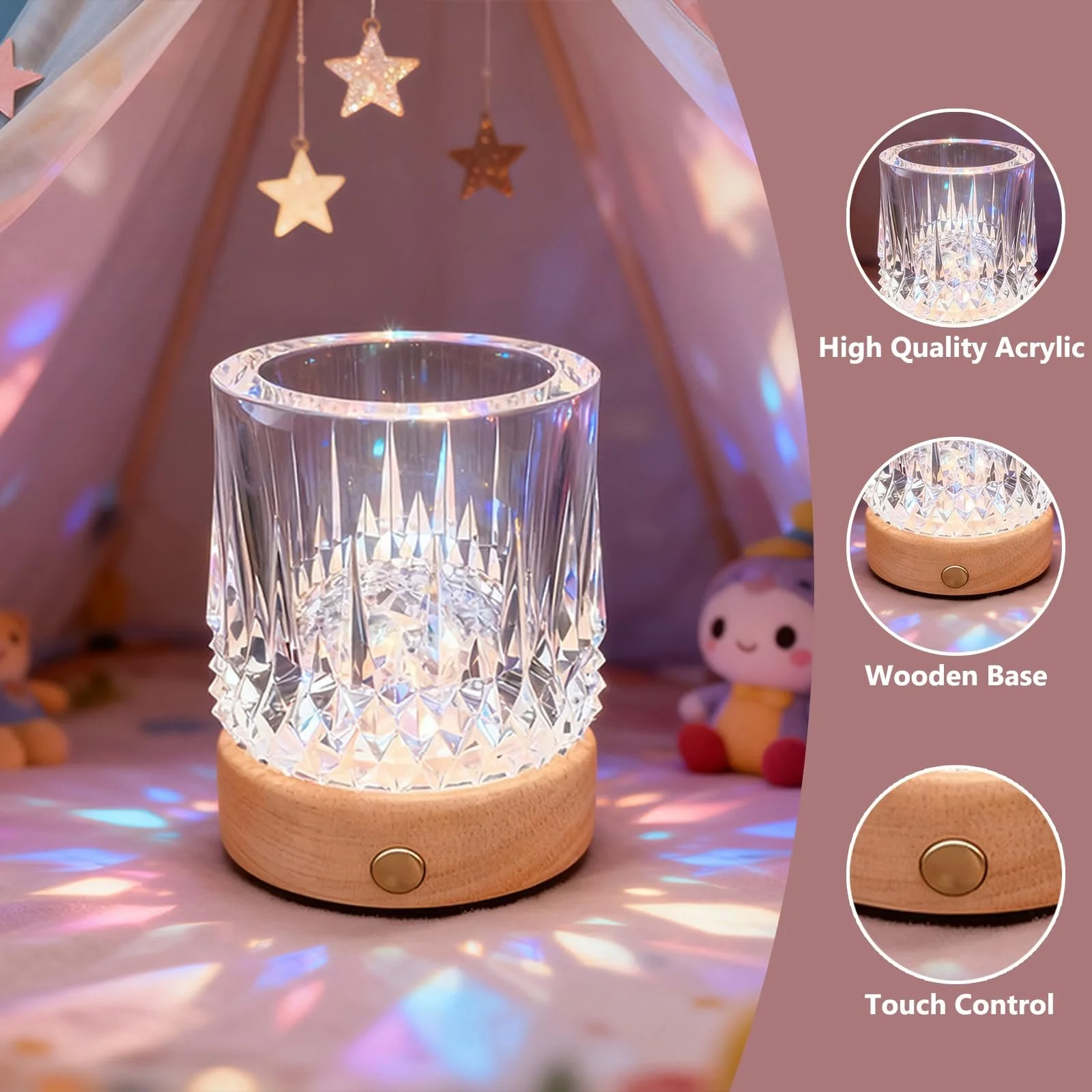 Настільна лампа YumeGlint Small Creative Crystal кришталева з RGB нічником дерев'яна основа сенсорне керування акумуляторна, фото №2