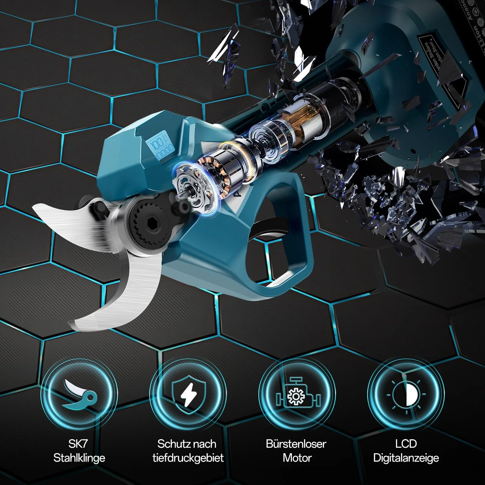 Секатор акумуляторний Anancyi 21 V для гілок дерев, квітів, електричний, максимальний отвір 65 мм, діаметр різання 40 мм, 2 x 2.0 Ah батареї, безщітковий двигун, РК-дисплей, фото №2