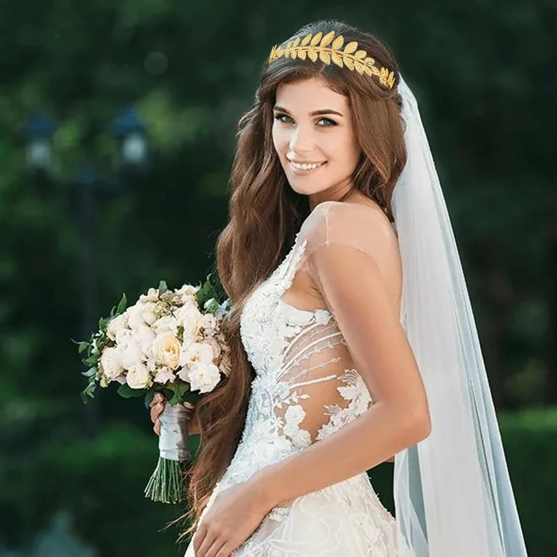 Золотий обруч на голову з листям богині, фото №5