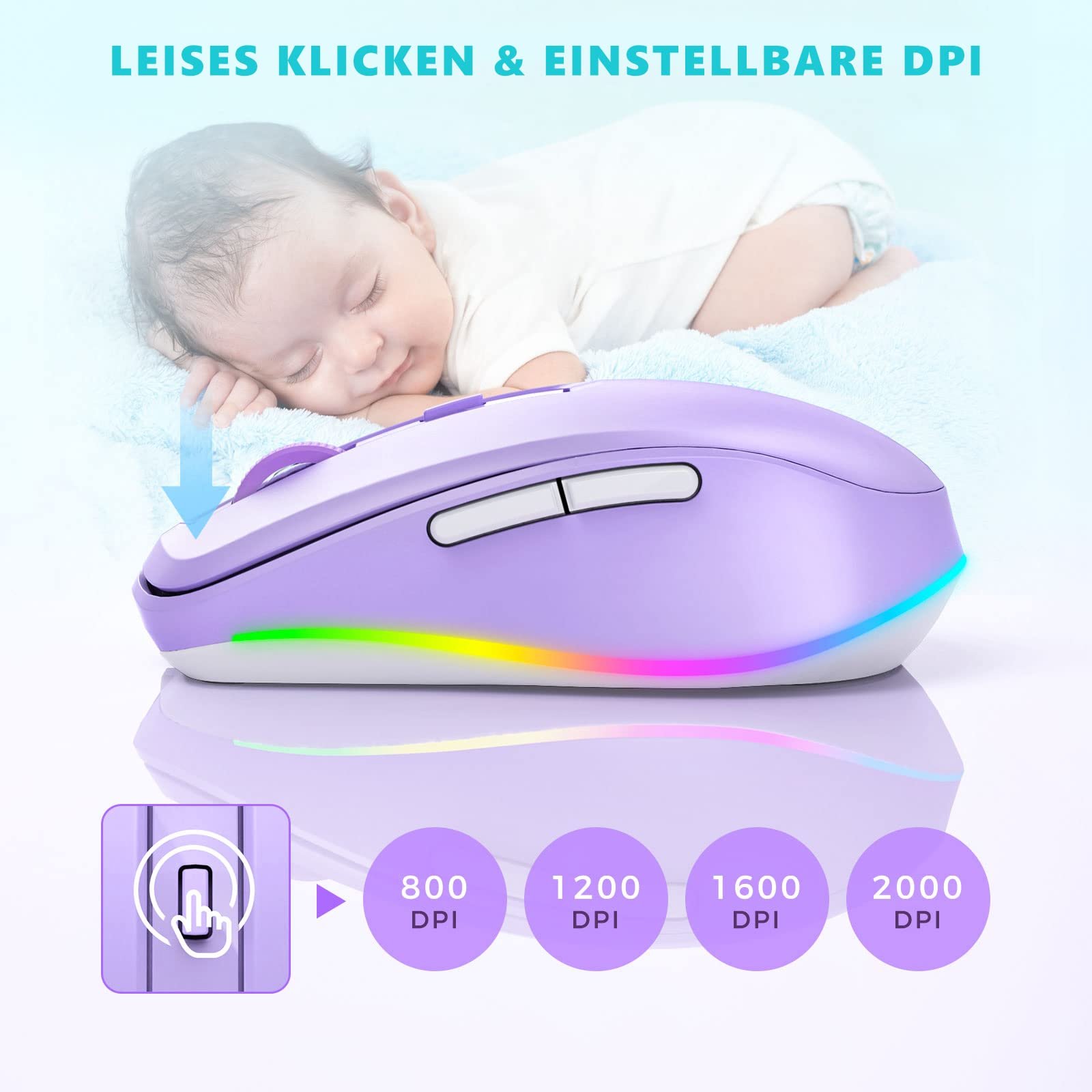 Мышь беспроводная Seenda LED, перезаряжаемая, с функцией Mouse Jiggler, тихая, 2.4G USB, для ноутбука, компьютера, DPI 2000, фиолетовая, фото №4