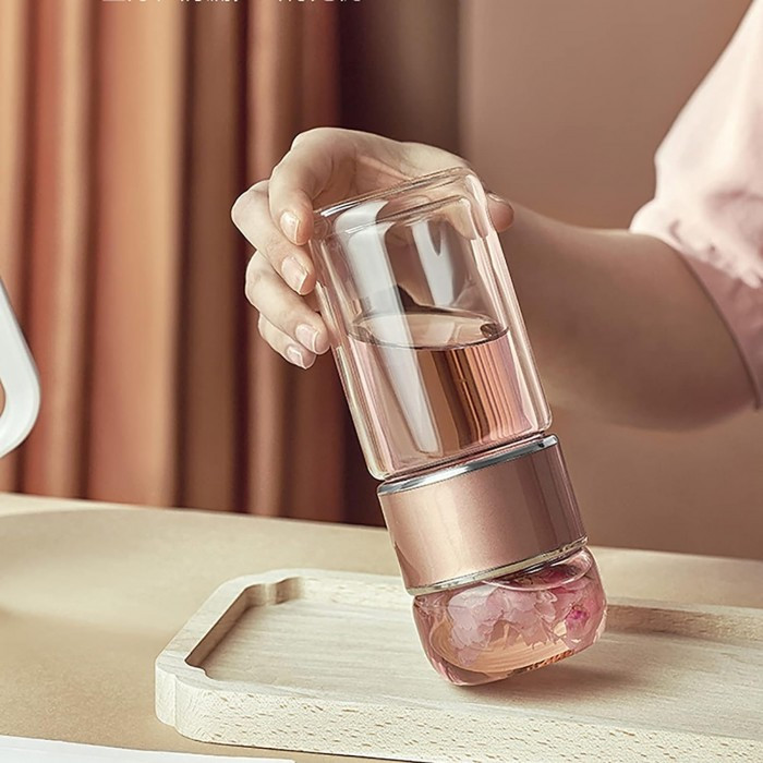 Стеклянный термос с двойными стенками для чая Infuser 280 мл розовый, фото №6