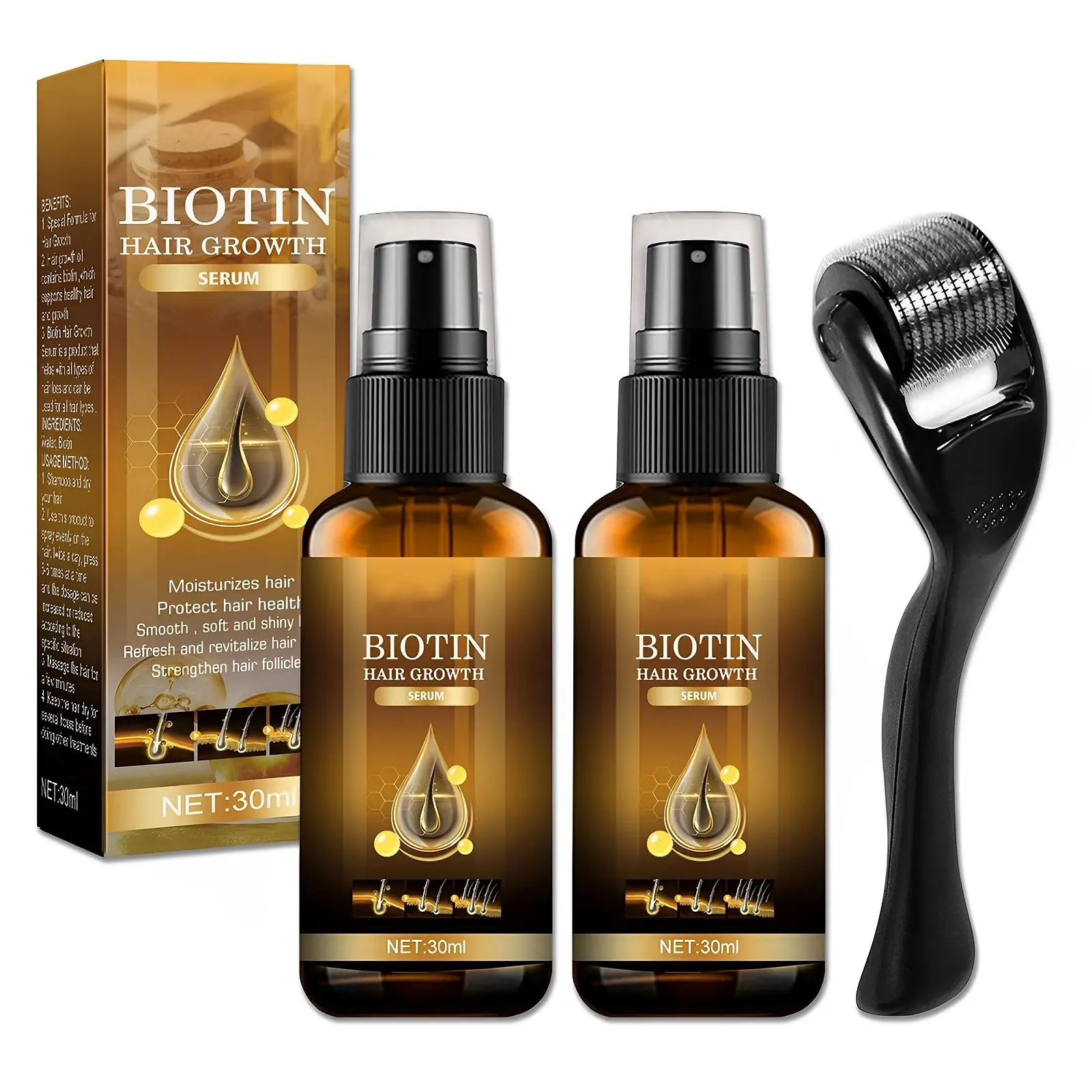 Сироватка для росту волосся Біотин, Набір Спрей для росту волосся Біотин, з дерма-ролером, фото №1