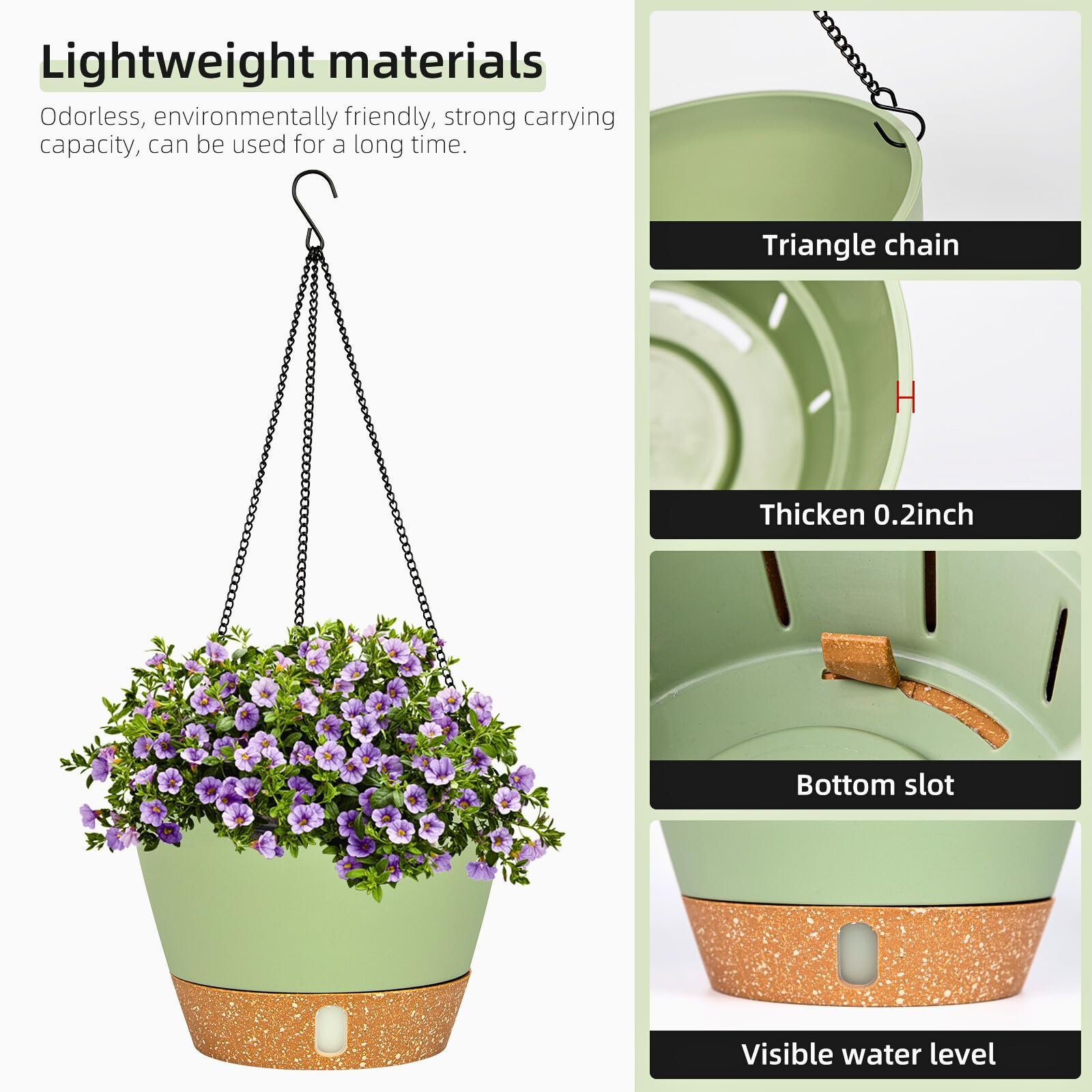 Підвісне кашпо QCQHDU Набір з 2 шт. 25,4 см З дренажним отвором та 3 гачками Зелений, фото №5