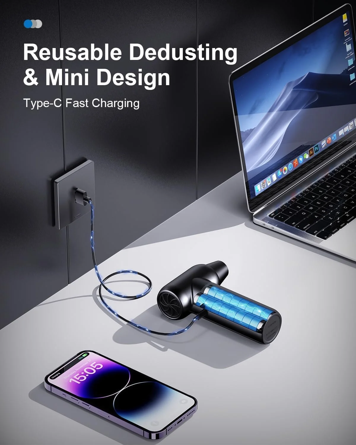 Аккумуляторная воздуходувка 180,000 RPM 3 скорости 9000 mAh USB-C, фото №7