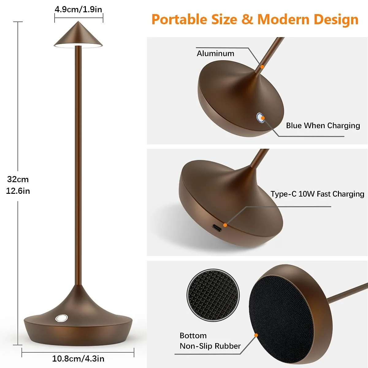 Настільна лампа LED bravzurg акумуляторна бездротова набір з 2 шт. 6000 mAh алюмінієва водонепроникна димована коричнева, фото №5