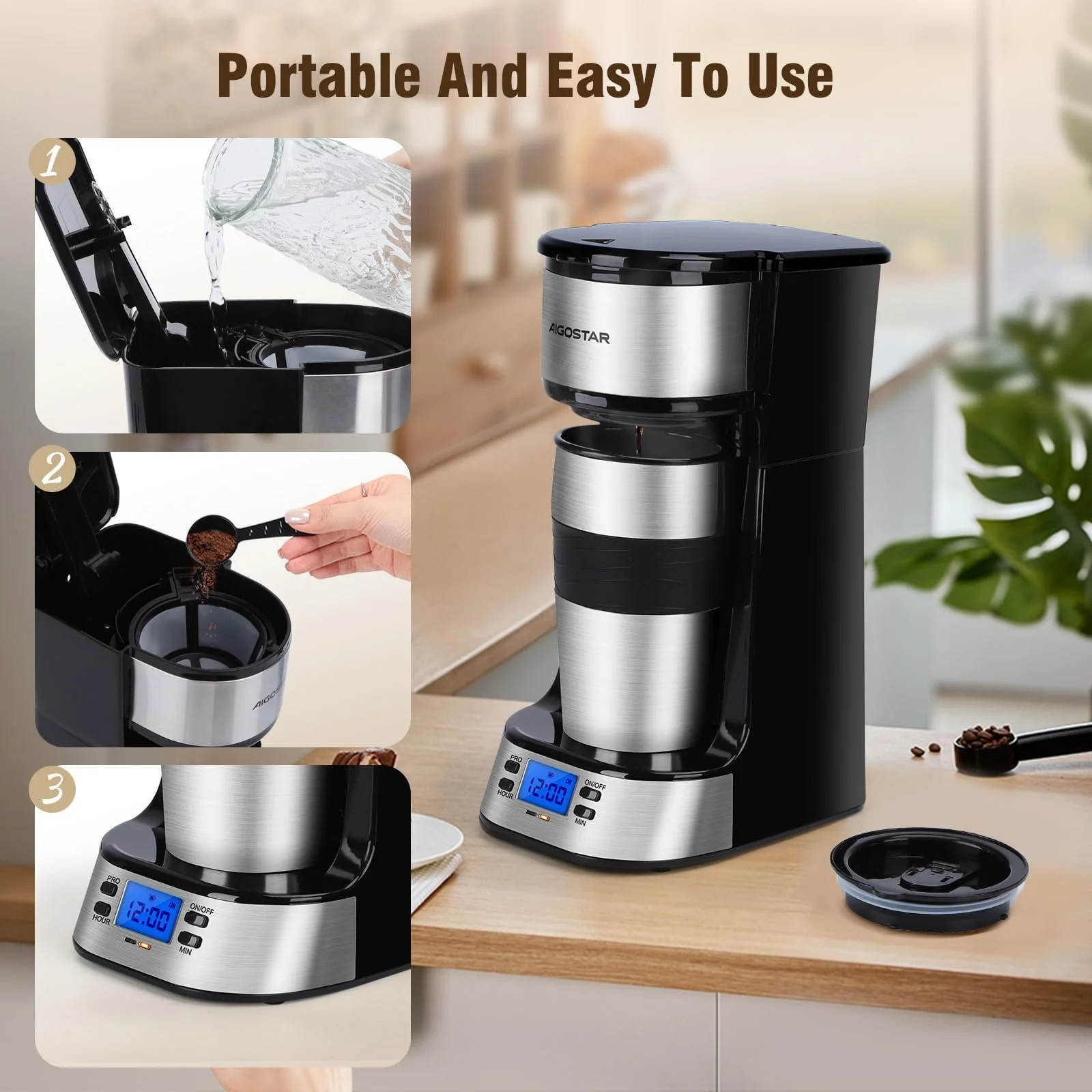 Фильтровая кофеварка Aigostar Coffey с термокружкой 420 мл 700 Вт Black, фото №4