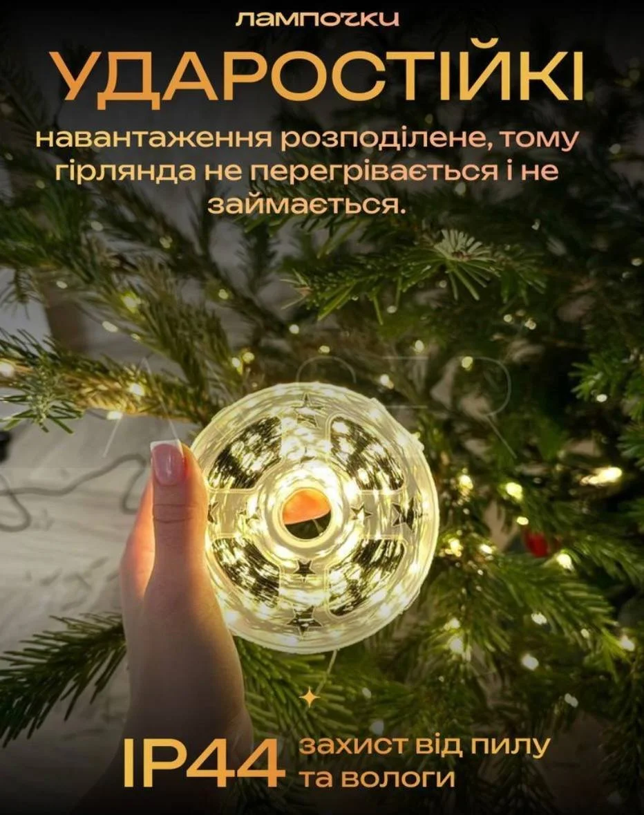 Новорічна гірлянда роса нитка на зеленому дроті теплий білий колір 50 м, фото №5 Новорічна гірлянда роса нитка на зеленому дроті теплий білий колір 50 м, фото №5