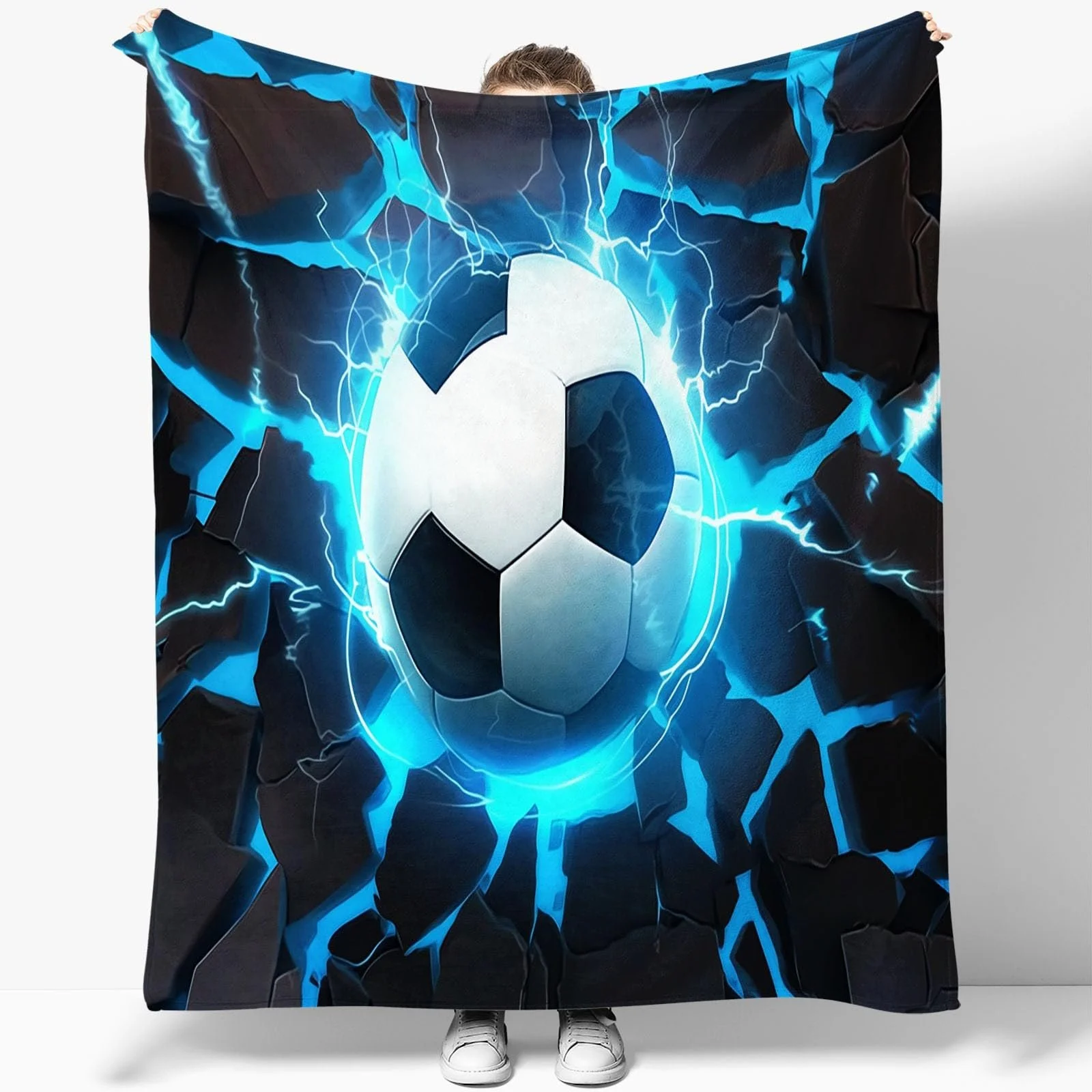 М'яка Покривало Однотонний 3D Футбольний м'яч Високоякісний фланель, Синій Чорний, 180 x 220 см, фото №5